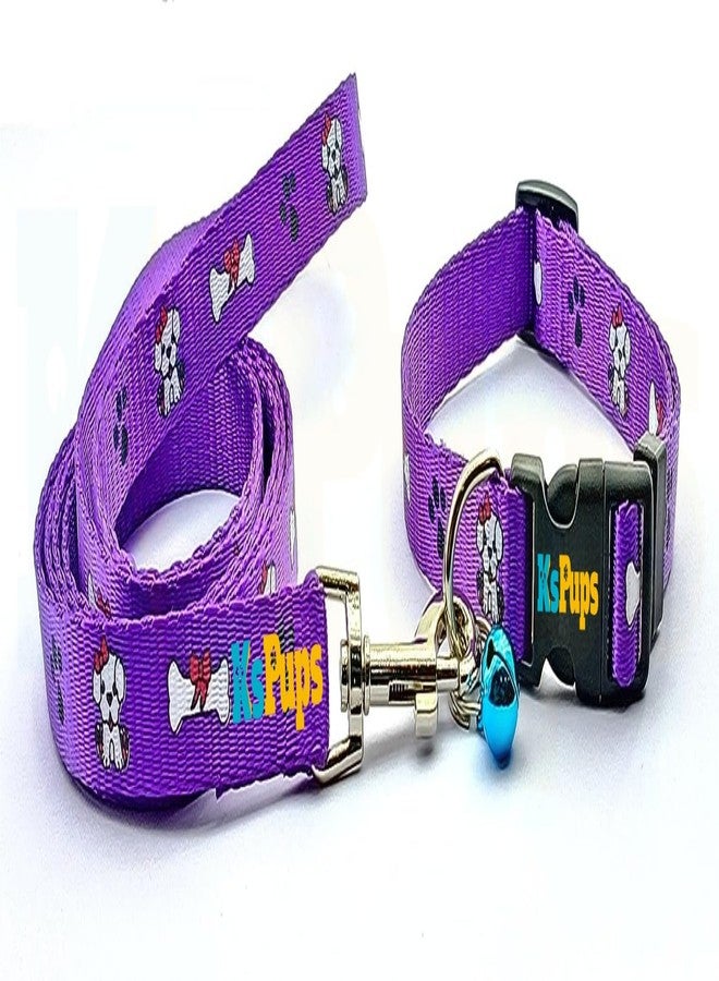KsPups 15MM Silicon Soft Paw and Bone Print Nylon Collar Belt and Leash with Adjustable Quick Release and Breathable Neck Collar Belt Set Ideal for Outdoor Walking Dogs and Cats (Purple) - Image 1